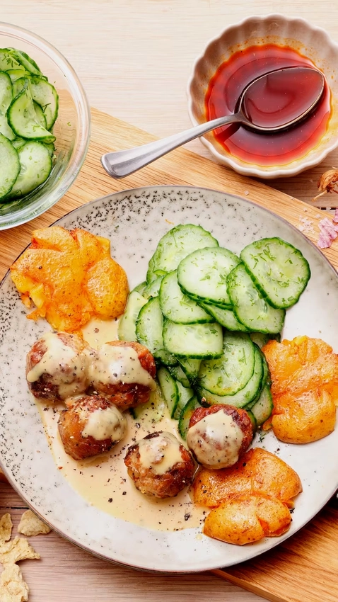 Swedish "meatballs" with smashed potatoes